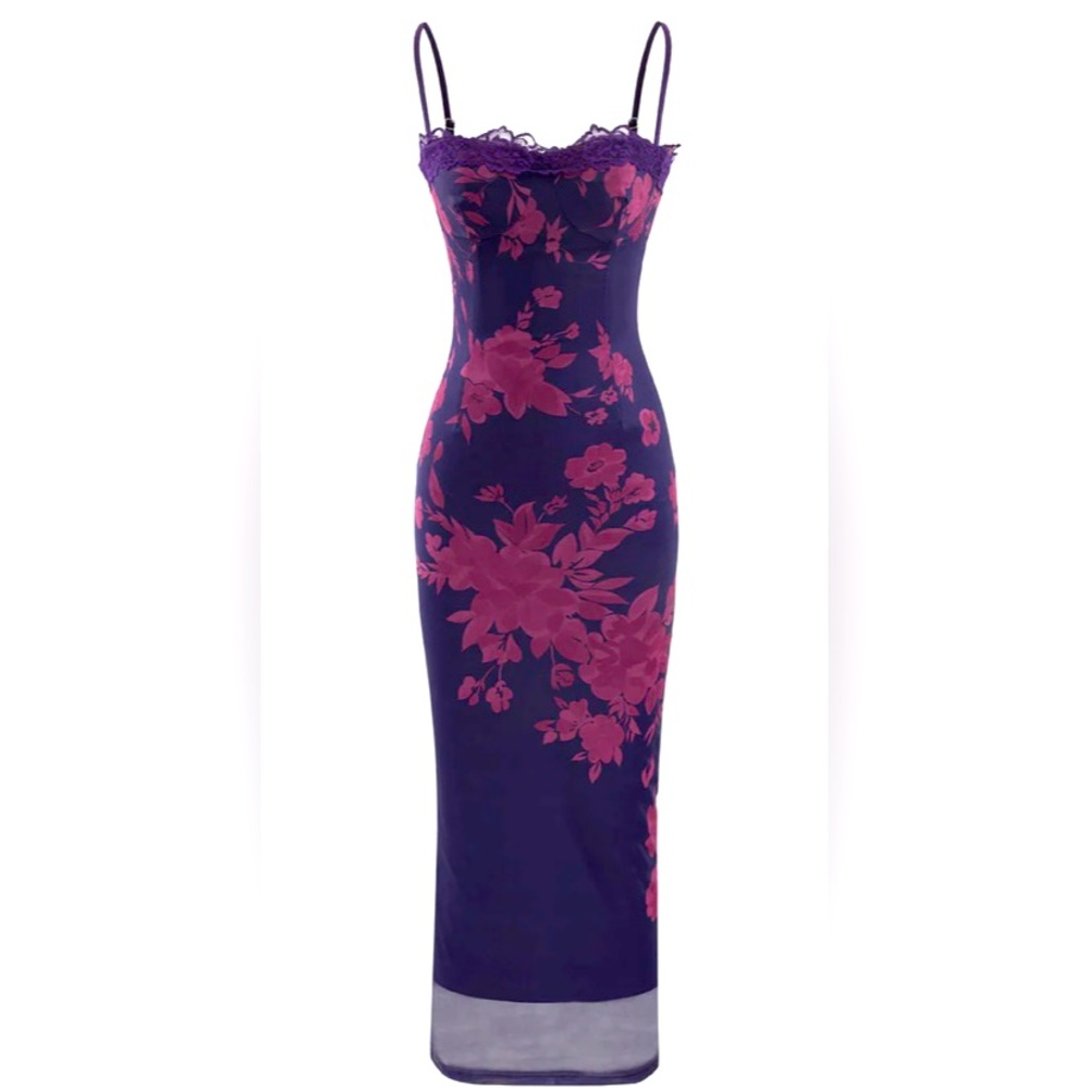 NWT Y2K Inspired Floral Mesh Slit Dress Sz M